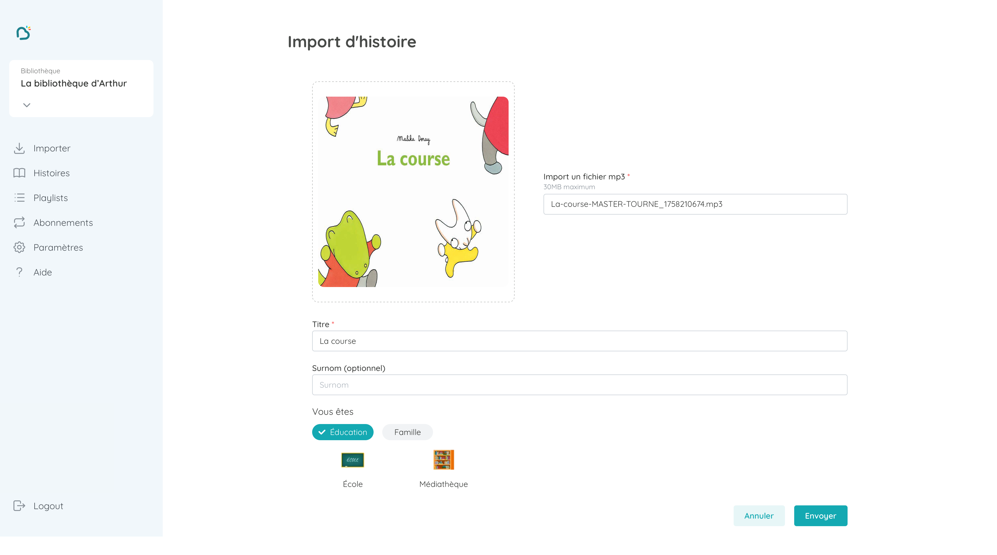 Importer un fichier audio dans l'application web